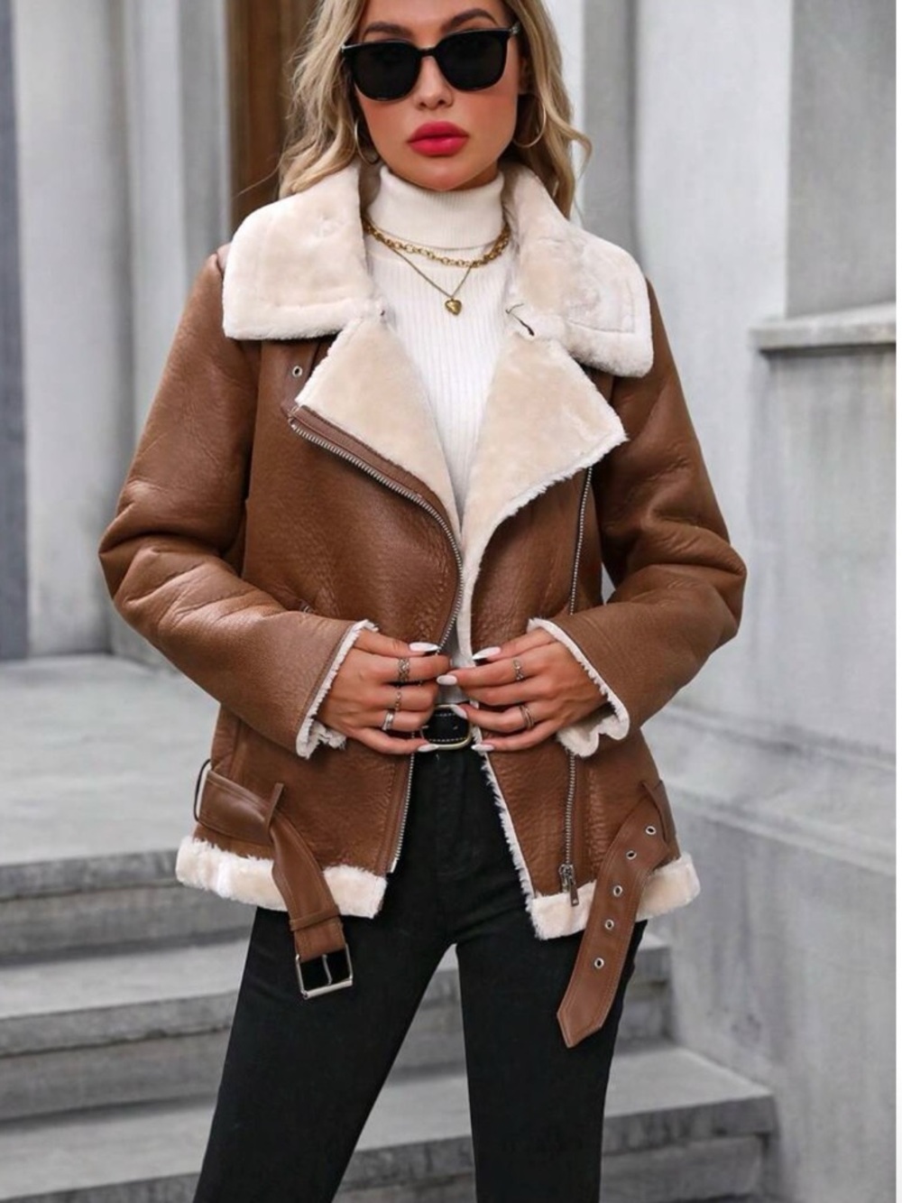 Winter Faux Leather Sherpa Lined Jacket Biker Moto Coat, Women Medium, Tan